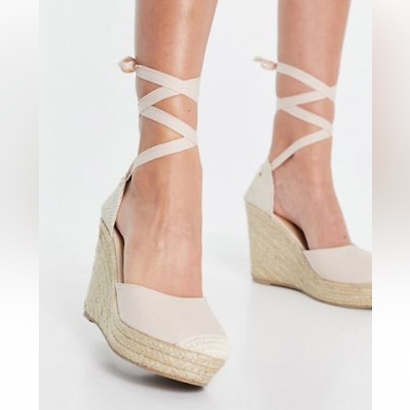 London Rebel High Tie Leg Espadrille Wedges Beige Size 40, Size 9 - Picture 1 of 6